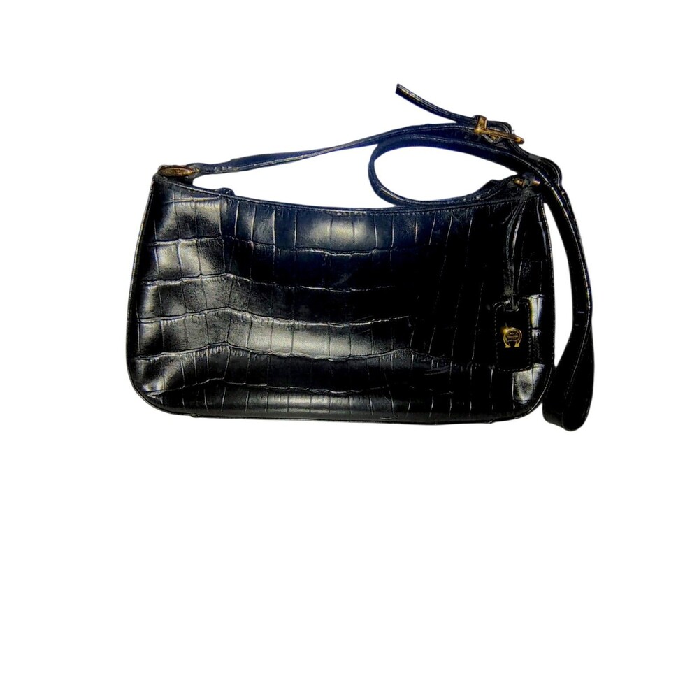 Etienne Aigner Leather Croc Embossed Black Shoulder Bag Gold Women's Hardware 59
